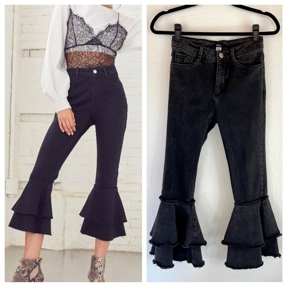 *RARE* BDG Women's High-Rise Two-Tiered Ruffle Flare Crop Jeans in Black Size 26 - Picture 1 of 10